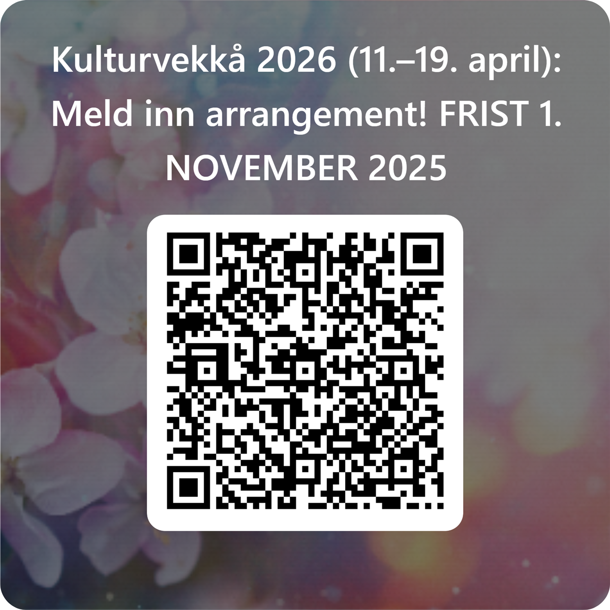 Bildet viser en QR-kode. Skanner du denne kommer du til skjema for innmelding av arrangement til Kulturvekkå 2026. - Klikk for stort bilde