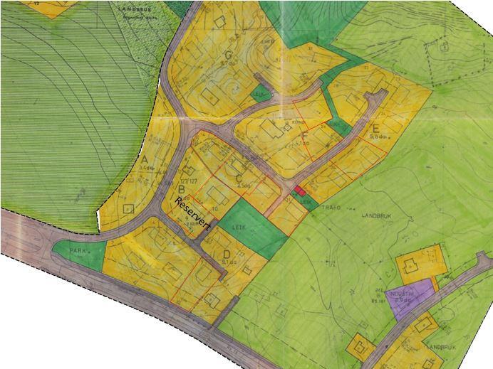 Plankart over Kvisvik boligfelt, illustrert ledige tomter i feltet.  - Klikk for stort bilde